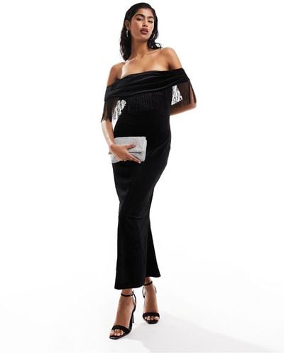 ASOS Velvet Bardot Midi Dress With Drape Bodice And Fringe Trim - Black