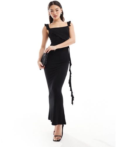 ASOS Bardot Midi Dress With Asymmetric Ruffle Detail - Black
