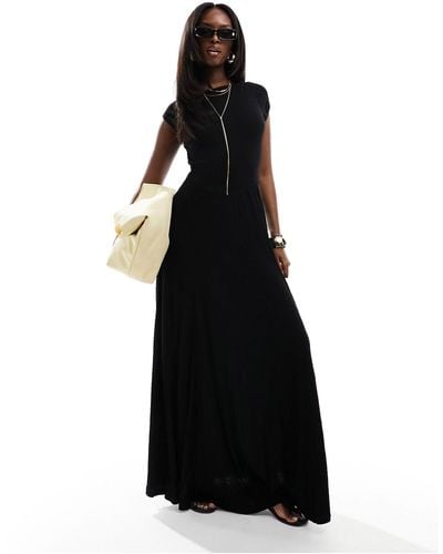 ASOS Shirred Bodice Short Sleeve Maxi Dress - Black