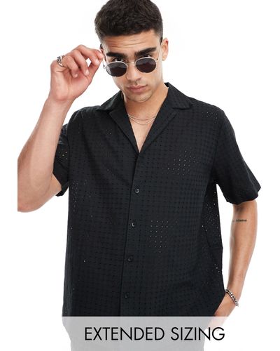 ASOS Co-ord Short Sleeve Relaxed Fit Revere Collar Broderie Shirt - Black
