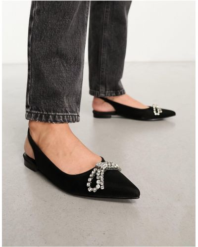 Glamorous Slingback Embellished Bow Pointed Toe Flats - Black