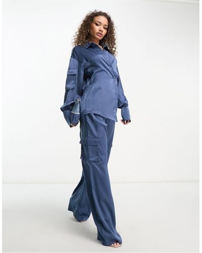 I Saw It First Exclusivité - pantalon d'ensemble en satin coupe ample style utilitaire - pétrole - Bleu