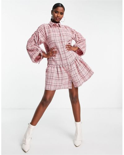 ASOS Boucle Mini Smock Shirt Dress With Pephem - Pink