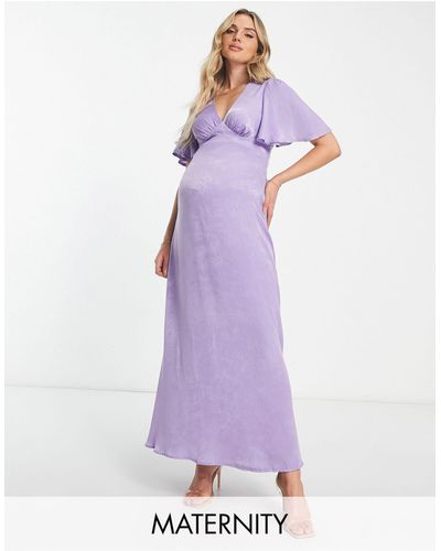 Flounce London Flutter Sleeve Maxi Dress With Plunge Front - Purple