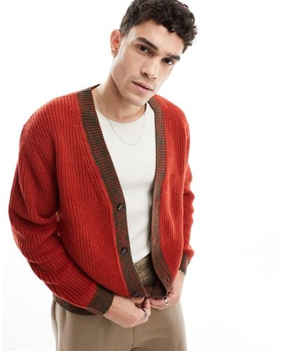 ASOS Relaxed Knitted Cardigan With Contrast Detailing - Red
