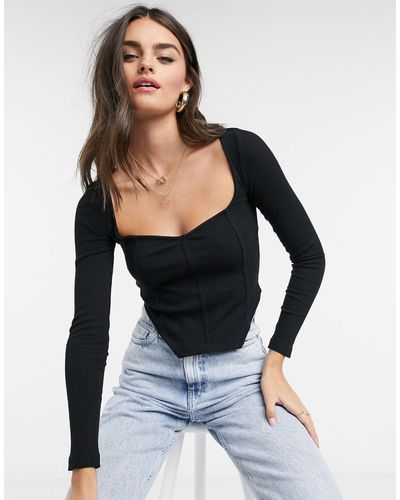 ASOS Rib Fitted Corset Top With Ultra Wide Neck - Black