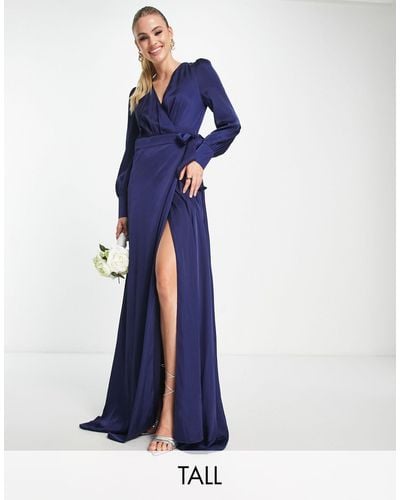 TFNC London Bridesmaid Long Sleeve Satin Maxi Dress - Blue