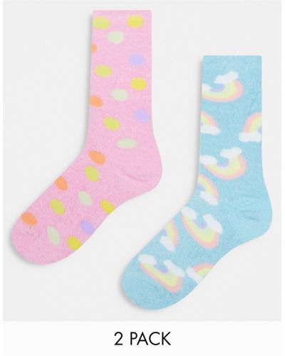 Threadbare 2 Pack Fluffy Rainbow Socks - White