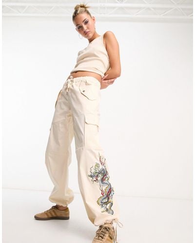 Ed Hardy Low Rise Cargo Trousers With Dragon Embroidery - Natural
