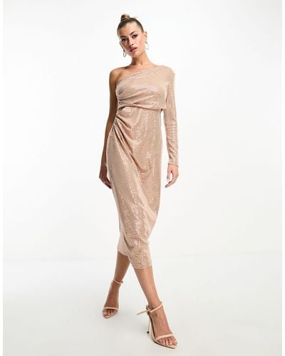 Vesper One Shoulder Shimmery Midi Dress - Natural