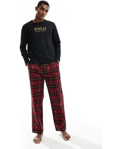 Polo Ralph Lauren – lounge-pyjamaset mit karierter hose und langärmligem shirt - Schwarz