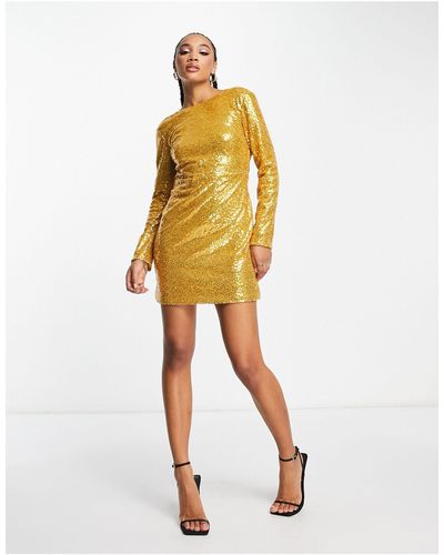Naanaa Sequin Mini Dress With Drapped Back - Yellow
