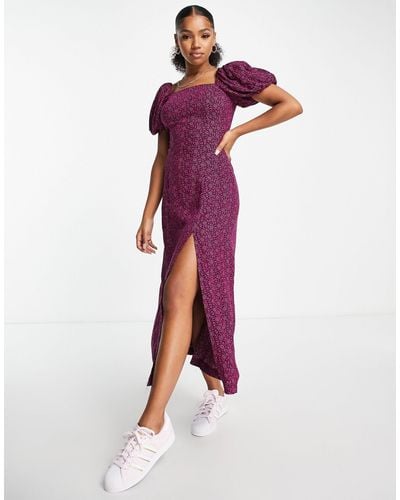 Miss Selfridge Puff Sleeve Midi Tea Dress - Purple
