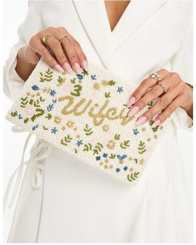 Never Fully Dressed Bridal Embellished Wifey Clutch Bag With Pearl Handle - White