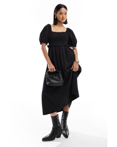 New Look Shirred Puff Sleeve Linen Blend Midi Dress - Black