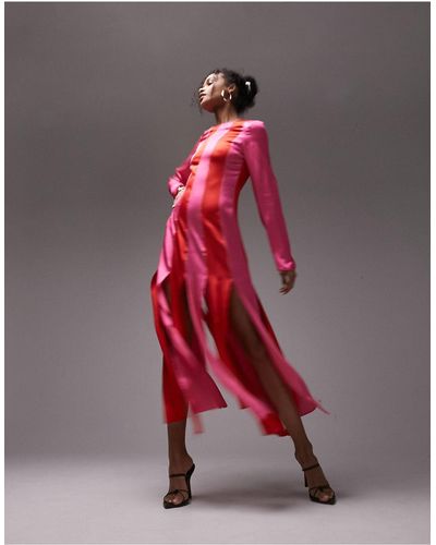 TOPSHOP Midi-jurk Met Lange Mouwen En Contrastvlak - Rood