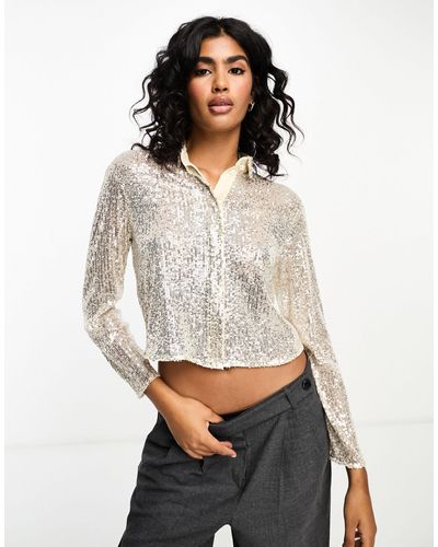 Closet Cropped Sequin Slouchy Shirt - White