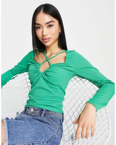New Look Long Sleeve Keyhole Cut Out Top - Green