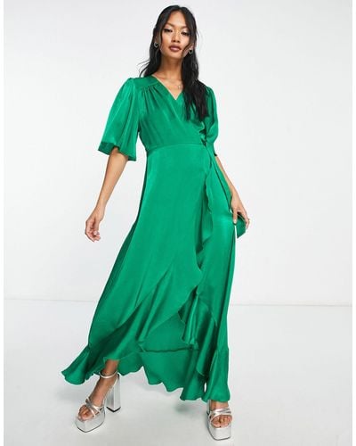 Flounce London Satin Flutter Sleeve Wrap Front Maxi Dress - Green
