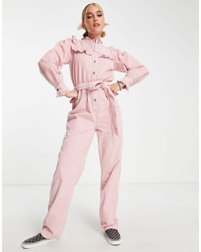 Miss Selfridge Corduroy Bib Frill Belted Jumpsuit - Pink
