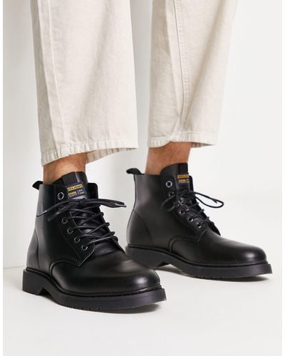 Jack & Jones Leather Lace Up Boots With Chunky Sole - White