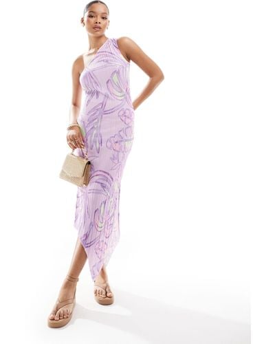 Vero Moda Vestito lungo monospalla con stampa di palme color pastello plissé - Rosa