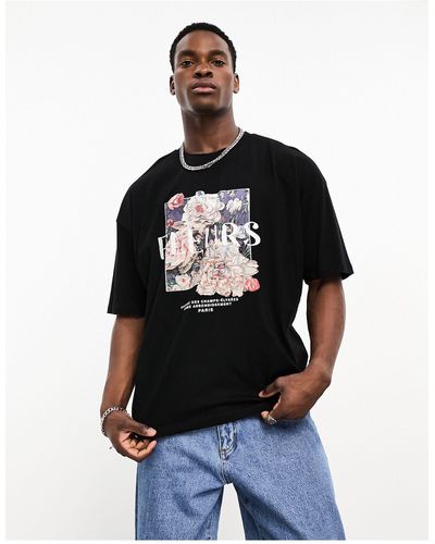 ASOS T-shirt oversize con stampa floreale sul retro e dettaglio ricamato - Nero