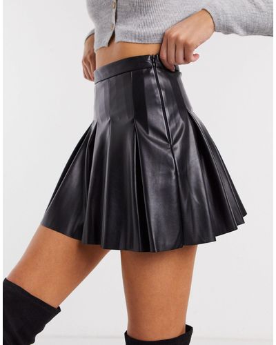 Pull&Bear Faux Leather Pleated Skirt - Black