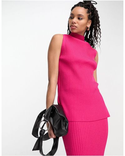 Whistles High Neck Sleeveless Ribbed Top - Pink