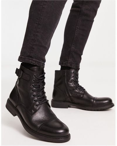 Jack & Jones Leather Lace Up Boot With Side Zip - Black