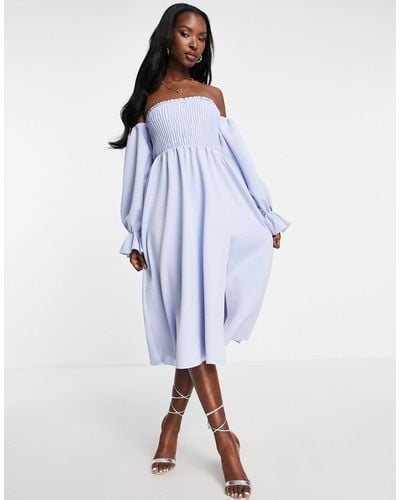 ASOS Shirred Bardot Blouson Sleeve Prom Midi Dress - Blue