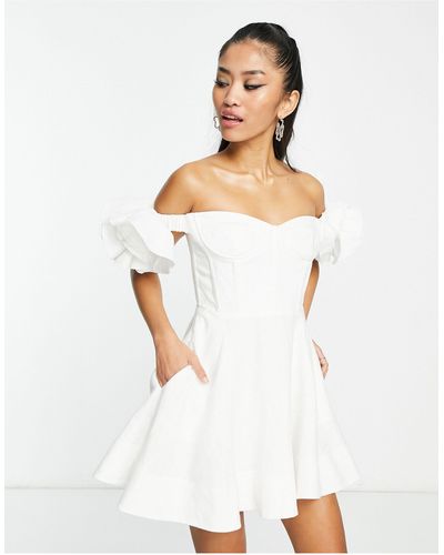 Bardot Ruffle Sleeve Corset Mini Dress - White