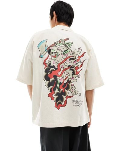 Ed Hardy Relaxed Bowling Shirt With Gothic Logo And Back Print - White
