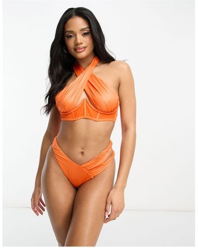 ASOS Asymmetric Ruched V Front High Leg High Waist Bikini Bottom - Orange