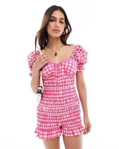 ASOS Elasticated Channel Lace Trim Bow Playsuit - Pink