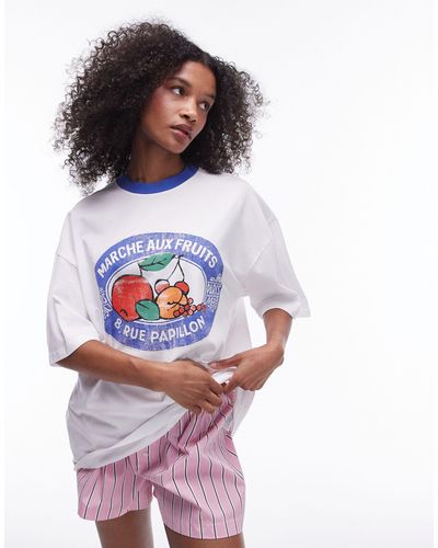 TOPSHOP Still life - t-shirt oversize à motif fruits - écru - Blanc