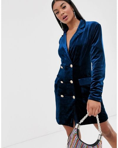 Missguided Navy Velvet Double Breasted Blazer Dress - Blue