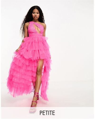 LACE & BEADS Exclusive Embellished Tulle High Low Maxi Dress - Pink