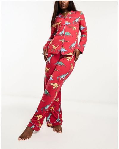 Chelsea Peers Pyjama long boutonné à imprimé dinosaures - Rouge