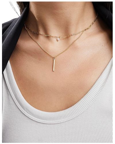 ASOS 14k Plated Pack Of 2 Necklaces With Faux Pearl And Bar Design - Metallic