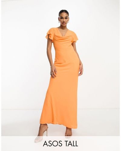 ASOS Asos Design Tall Flutter Sleeve Cowl Neck Maxi Dress - Orange