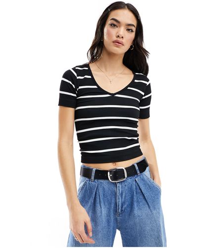 Mango V Neck Stripe T-shirt - Black