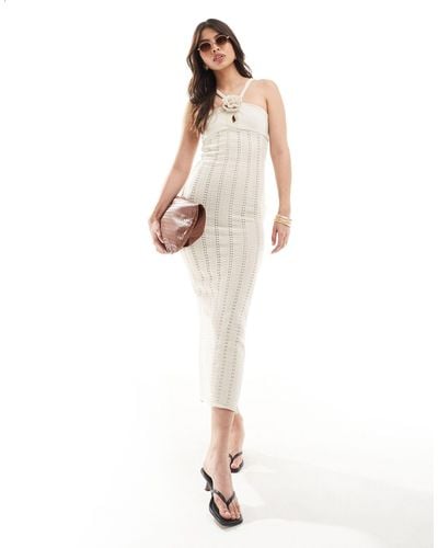 Bershka Flower Applique Crochet Knit Halterneck Maxi Dress - White