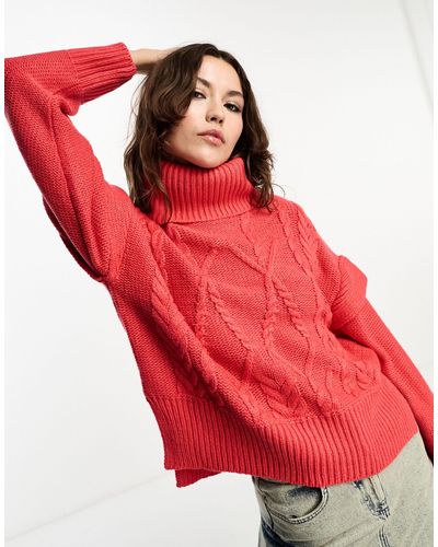 Brave Soul Cindy Roll Neck Cable Knit Jumper With Sleeve Detail - Red
