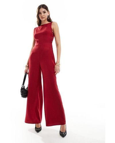 ASOS High Neck Button Side Detailed Wide Leg Jumpsuit - Red