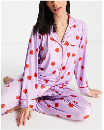 Loungeable Pyjamaset Met Knoopsluiting En Hartjesprint - Roze