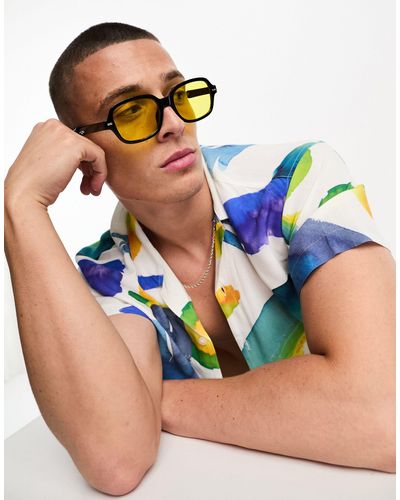 Jack & Jones Retro Rectangle Sunglasses With Yellow Lenses - Blue
