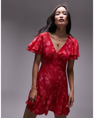 TOPSHOP Bella Tea Dress With Angel Sleeve - Red