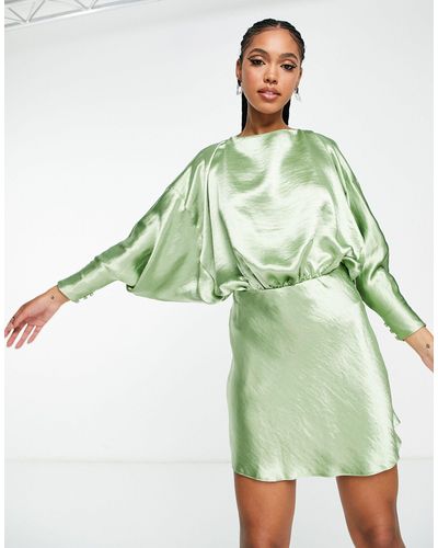 ASOS High Shine Satin Backless Balloon Sleeve Mini Dress - Green