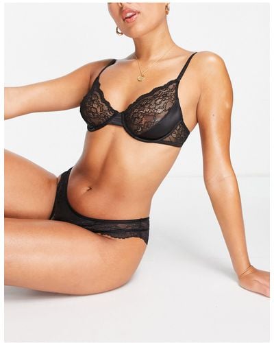 Monki Satin Wired Bra With Lace Detail - Black